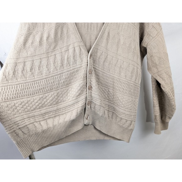 Lands End 100% Cotton Mens Cardigan Sweater Tan Textured Knit M Preppy Oversized - Picture 4 of 10